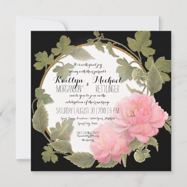 Peony Wreath Vining Foliage Gold Vintage Square Invitation (Front)
