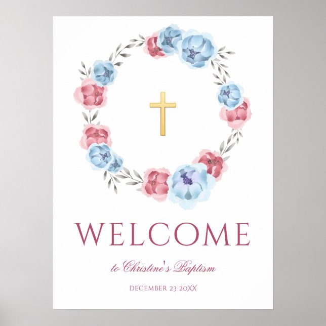 Peony Wreath Watercolor Welcome Baptism Poster (Front)