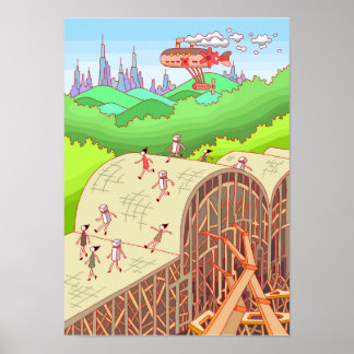 People crossing a wooden bridge. poster