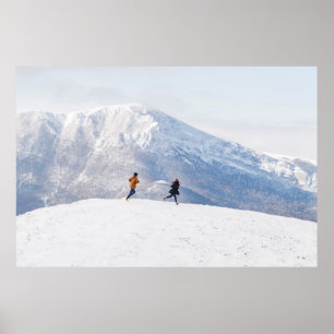 People having fun and running in mountains on the poster