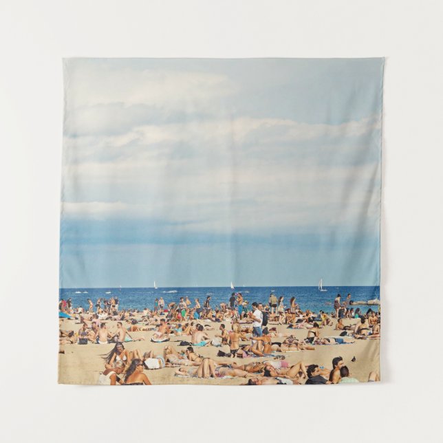 People on brown sand beach tapestry (Front)