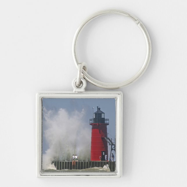People on jetty watch large breaking waves in 2 key ring (Front)
