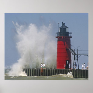 People on jetty watch large breaking waves in 2 poster