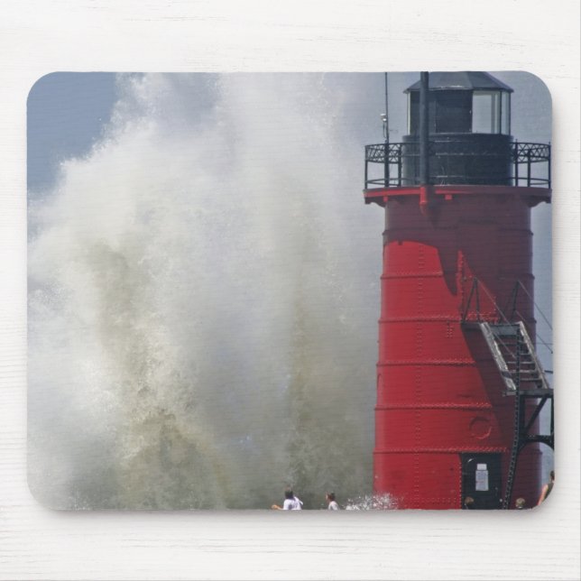 People on jetty watch large breaking waves in mouse pad (Front)
