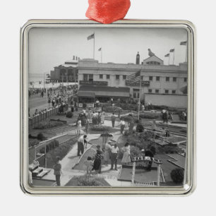 People playing mini golf elevated view B&W Metal Tree Decoration