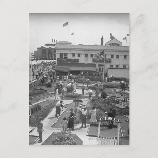 People playing mini golf elevated view B&W Postcard (Front)