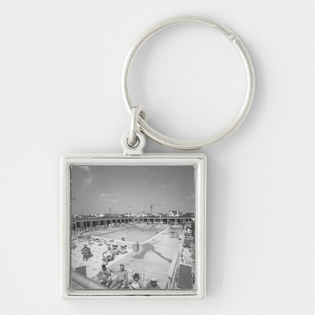 People relaxing at outdoor swimming pool B&W Key Ring (Front)
