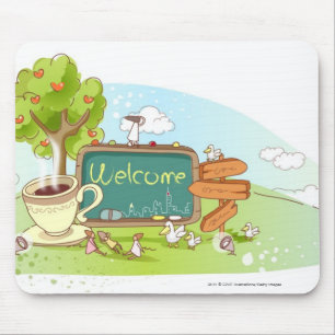 People relaxing by information sign with tea cup mouse pad