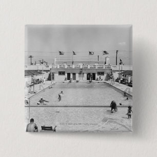 People relaxing in outdoor pool B&W elevated 15 Cm Square Badge
