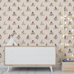 People Ride Bicycle Cycling Colourful Retro Patter Wallpaper