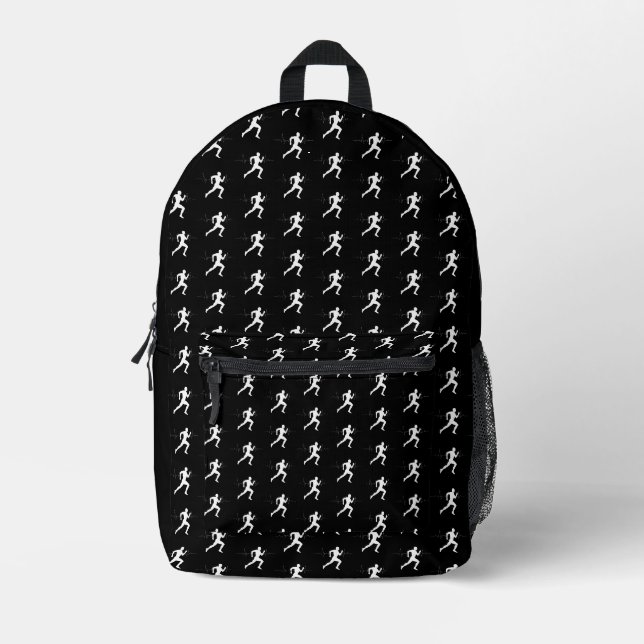 People Running Silhouette HeartBeat Line Black Printed Backpack (Front)