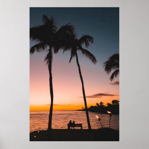 People sitting on beach near sea poster