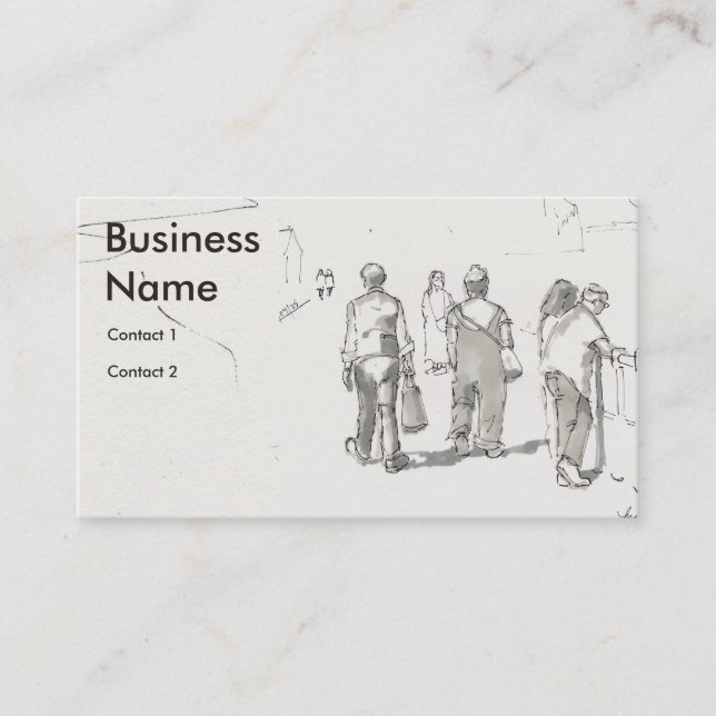 People walking along prmenade drawing business card (Front)