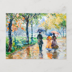 People with umbrellas in the park holiday postcard