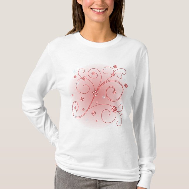 Peppermint and Snowflake Swirly Works T-Shirt (Front)