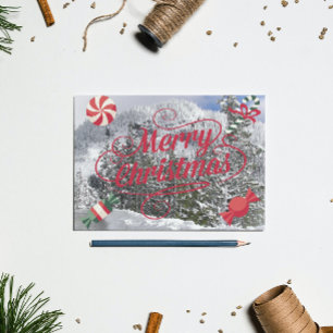 Peppermint Candies and Snowy Winter Scene Holiday Postcard
