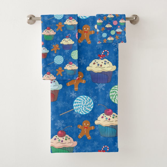 Peppermint Candy ,Gingerbread Man and cup cake Bath Towel Set (Insitu)