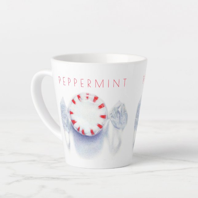 PEPPERMINT CANDY Latte Mug + Text (Left Angle)