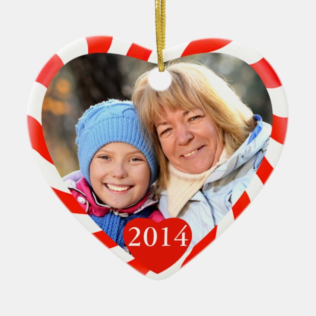 Peppermint Christmas Heart Photo Ceramic Tree Decoration (Front)