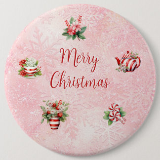 Peppermint Christmas Tea Party Pink Snowflake 6 Cm Round Badge