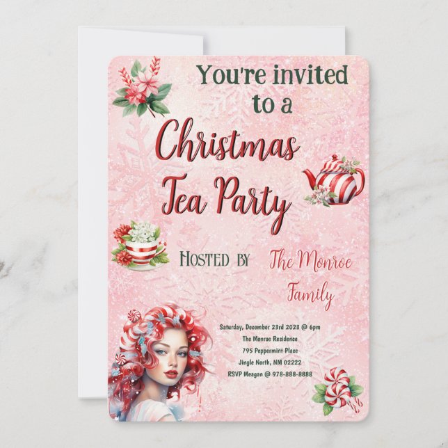 Peppermint Christmas Tea Party Pink Snowflake Holiday Card (Front)