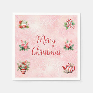 Peppermint Christmas Tea Party Pink Snowflake Napkin