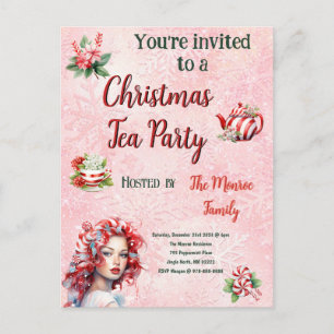 Peppermint Christmas Tea Party Pink Snowflake Postcard