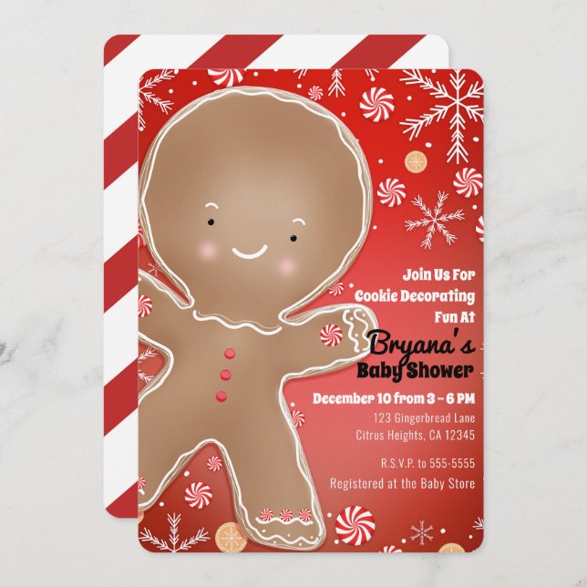 Peppermint Gingerbread Man Holiday Baby Shower Invitation (Front/Back)