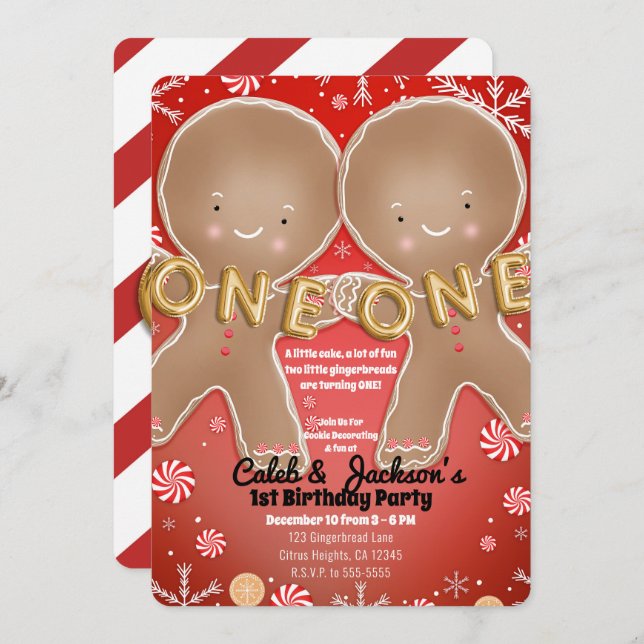 Peppermint Gingerbread Twins 1st Birthday Party Invitation (Front/Back)