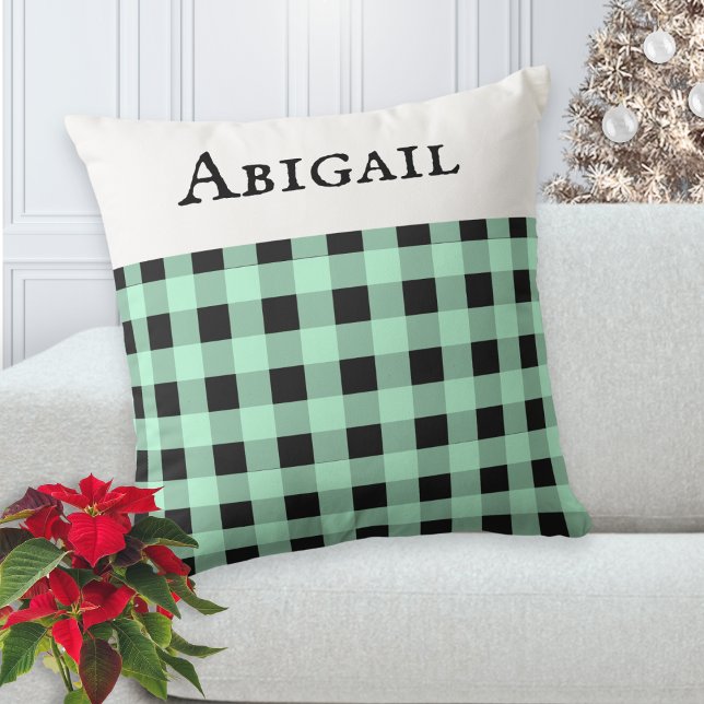 Peppermint Green Buffalo Plaid Check Christmas Cushion (A pretty, personalized cushion with buffalo plaid pattern in peppermint green and black)