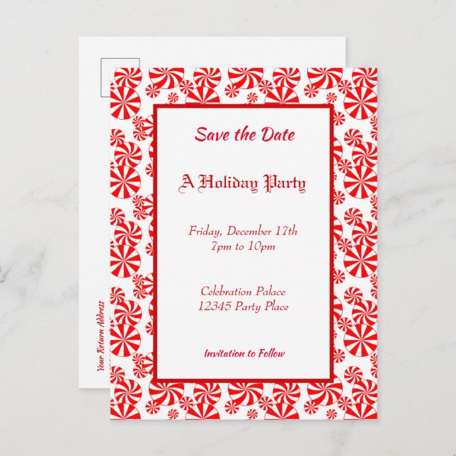 Peppermint Pattern Holiday Editable Save the Date Postcard (Front/Back)