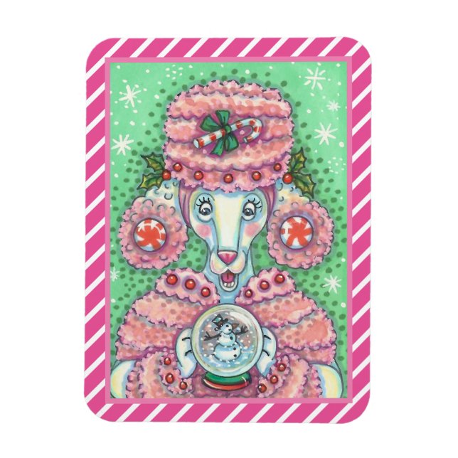 PEPPERMINT PINK POODLE, FUNNY CHRISTMAS DOG MAGNET (Vertical)