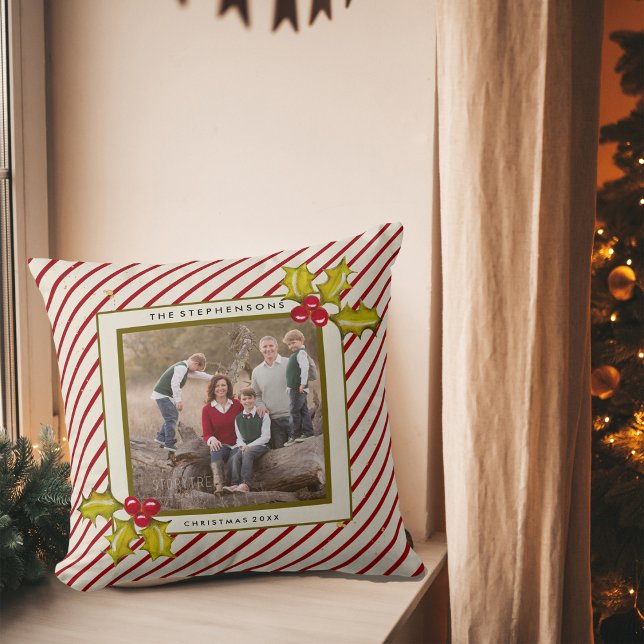 Peppermint Stripe Holly Farmhouse Photo Christmas Cushion (Hand painted holly and berries, classic red stripe, and family photo pillow)
