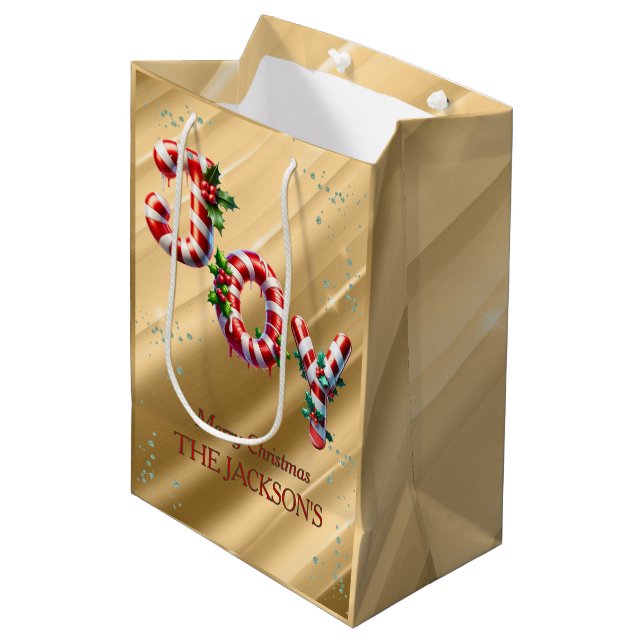 Peppermint Stripe Joy Christmas Medium Gift Bag (Front Angled)