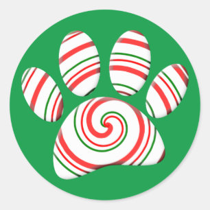 Peppermint Swirl Dog Paw In Red Green White Classic Round Sticker