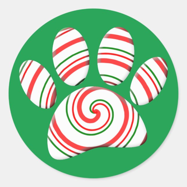Peppermint Swirl Dog Paw In Red Green White Classic Round Sticker (Front)