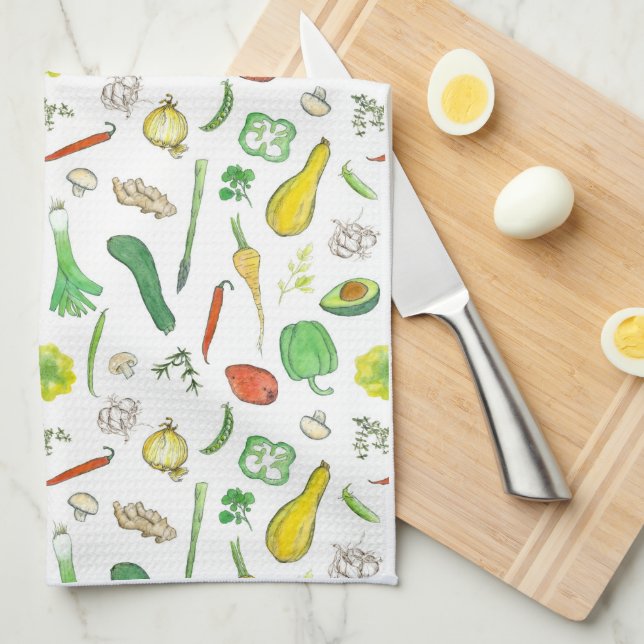 Peppers Peas Squash Potato Watercolor Vegetables Tea Towel (Quarter Fold)