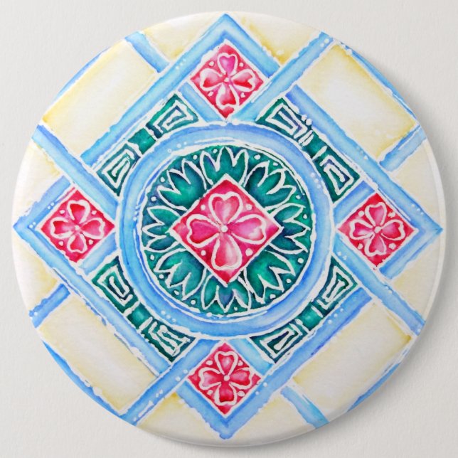 Peranakan Geometric Tile Teal Round 6 Cm Round Badge (Front)