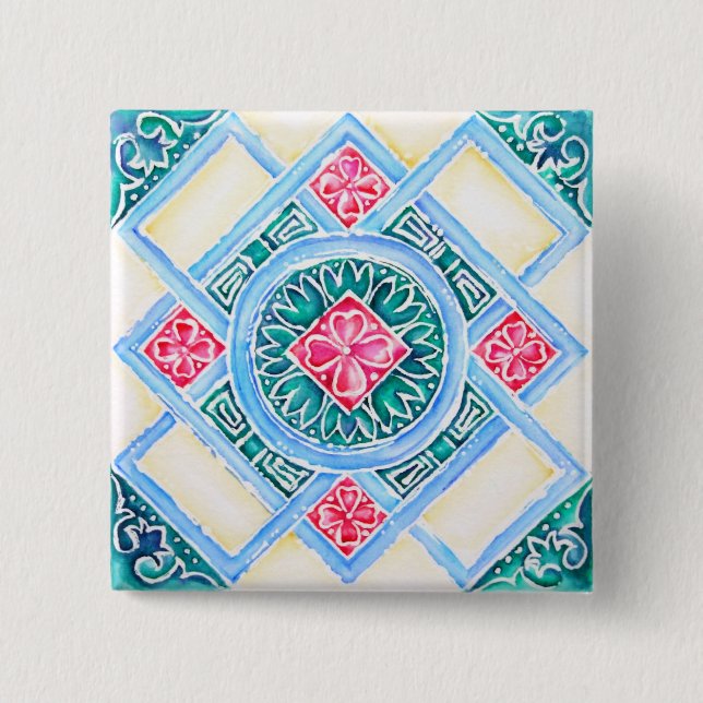 Peranakan Geometric Tile Teal Square 15 Cm Square Badge (Front)