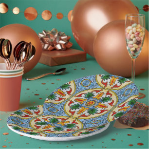 Peranakan Red Orange Flower Green Leave Decorative Paper Plate