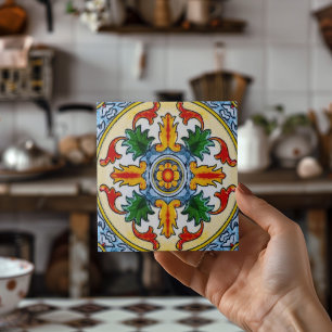 Peranakan Red Orange Flower Green Leave Decorative Tile