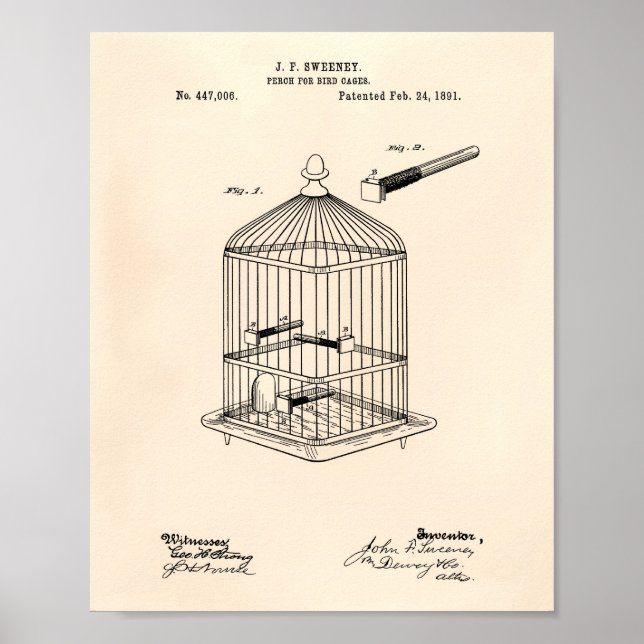 Perch For Bird Cages 1891 Patent Art Old Peper Poster (Front)