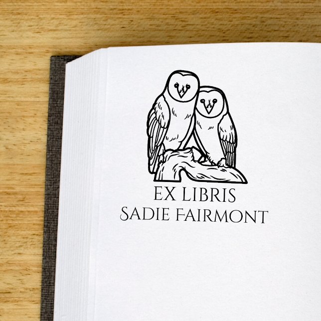 Perched Barn Owls Ex Libris Book Rubber Stamp (Barn owls ex libris )