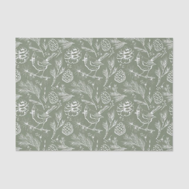 Perched Cardinal, Pinecones and Winter Berry Sage Tissue Paper (Front)