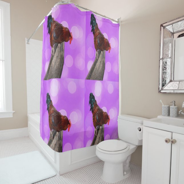 Perched in Majesty: Rooster On Dreamy Purple Glow Shower Curtain (In Situ)