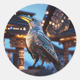 Perched on pole Blue White Raven Classic Round Sticker