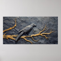 Perched raven in bas relief on slate wall