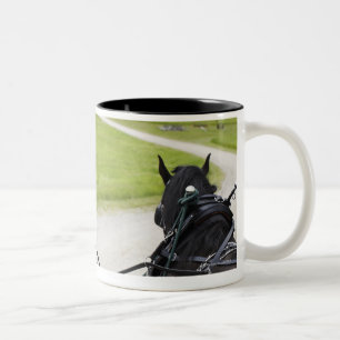 Perchon horses pulling cart  against historic Two-Tone coffee mug