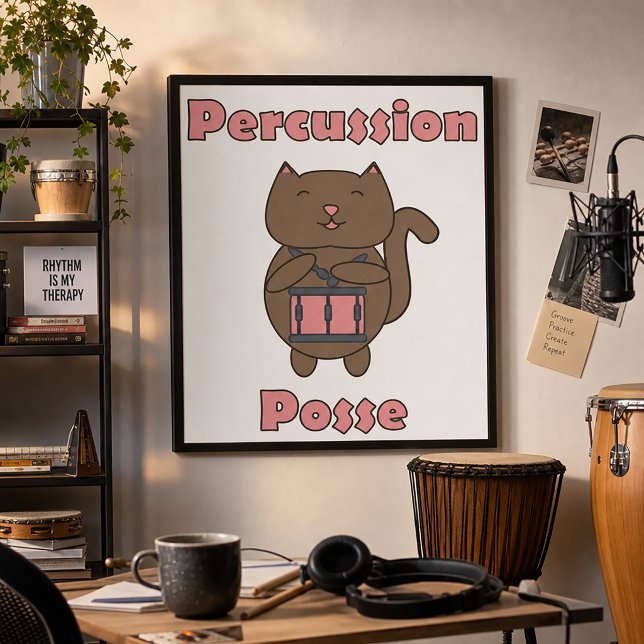 Percussion Posse - Cute Drummer Cat Poster (A poster featuring a brown kawaii cat playing the snare drum and the text percussion posse.)