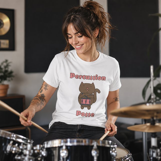 Percussion Posse - Cute Drummer Cat T-Shirt (A tshirt with a brown cat playing a snare drum and the words "Percussion Posse".)